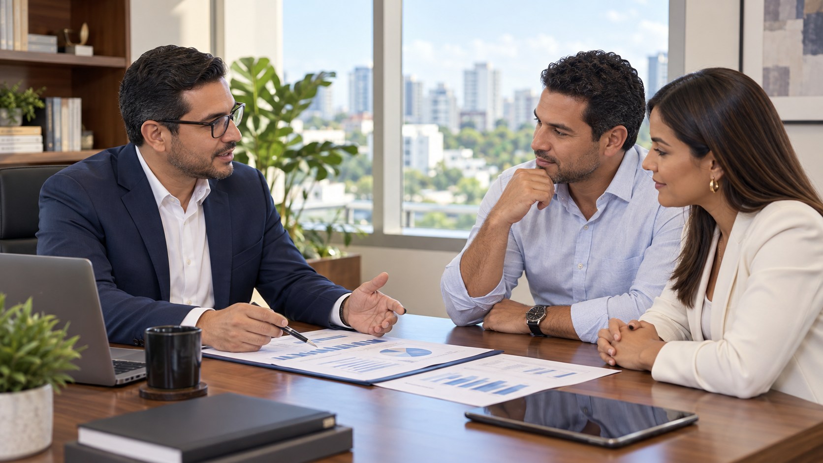 Asesor financiero conversando con empresarios sobre los resultados de su negocio